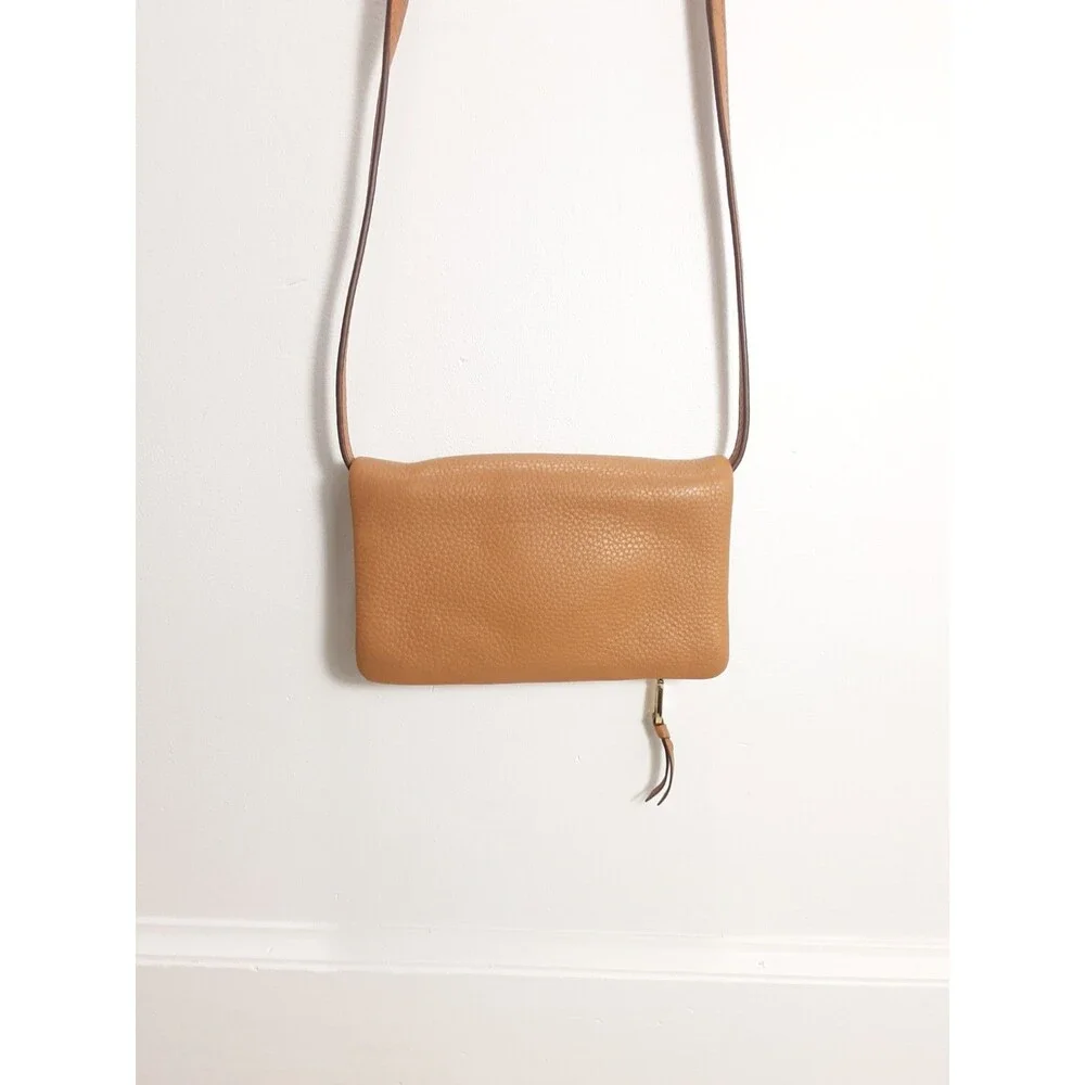 Tory Burch Robinson Crossbody Bag Small Clutch Foldover Tan Pebbled Leather
